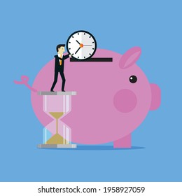Saving time to work put in a piggy bank, Vector illustration in flat style Stock-vektor
