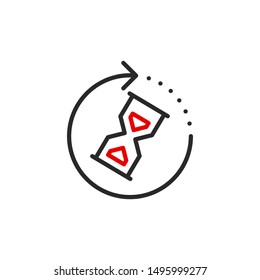 砂時計の輪郭の平らなアイコン。ウェブデザインまたはモバイルアプリ用の単一の高品質アウトラインロゴシンボル。細線の待機ロゴ。白い背景に黒と赤の待ち時計のアイコン絵文字のベクター画像素材