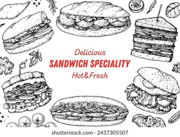 Sandwich speciality frame. Menu design template. Sandwich sketches. Unique recipe. Hand drawn vector illustration.	 Stock-vektor