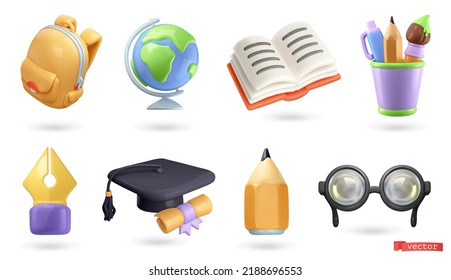 School and education icons 3d render vector set. School bag, globe, open book, brush, pencil, pen, graduation hat, glasses स्टॉक वेक्टर