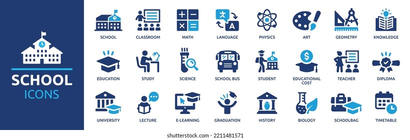 School icon set. Containing classroom, students and teacher icons. Education and knowledge symbol. Solid icons vector collection., vector de stoc