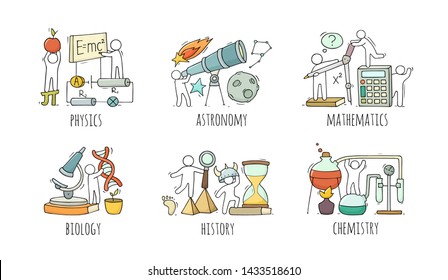 School icons set with studing little people. Doodle cute miniature of teamwork and lessons. Hand drawn cartoon vector illustration for school subject design. Stock Vector
