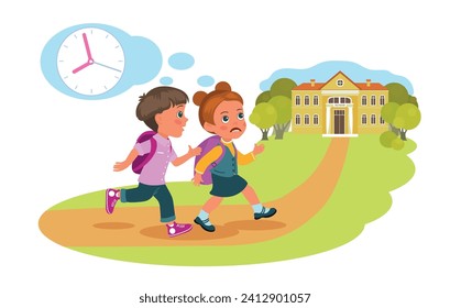 Schoolboy and girl run to school because they are late for class. Happy young pupils hurry. Cute children rushing to lessons. Kids with backpack. Cartoon flat isolated Immagine vettoriale stock
