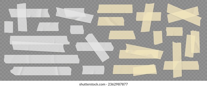 Scotch tape. Sticky paper, adhesive white and yellow pieces of stickers, strip label torn, old ripped stick. Masking stripes different length. Vector isolated on transparent background band Stock Vector