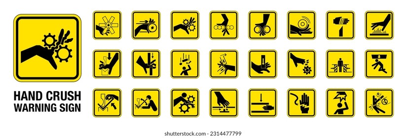 Set of 24 isolated Hand Crush Force hazardous symbols on yellow round square board warning sign Immagine vettoriale stock