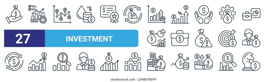 set of 27 outline web investment icons such as venture capital, market, dollar cost average, dividends, portfolio, growth, real estate, investment vector thin line icons for web design, mobile app. Immagine vettoriale stock