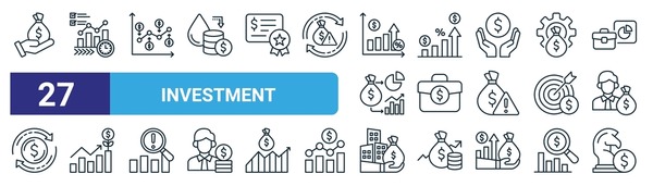 set of 27 outline web investment icons such as venture capital, market, dollar cost average, dividends, portfolio, growth, real estate, investment vector thin line icons for web design, mobile app. Immagine vettoriale stock