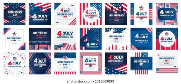 set of 21 mega collection bundle Independence Day social media post banner. 4th of July United States Independence Day celebration promotion advertising social media post banner, poster, card. Immagine vettoriale stock