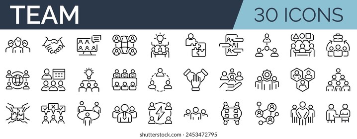 Set of 30 outline icons related to team. Linear icon collection. Editable stroke. Vector illustration Immagine vettoriale stock