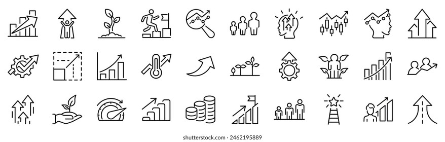 Set of 30 outline icons related to growth. Linear icon collection. Editable stroke. Vector illustration Immagine vettoriale stock