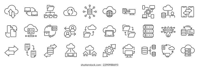 Set of 30 line icons related to data exchange, traffic, files, cloud, server. Outline icon collection. Editable stroke. Vector illustration, vector de stoc