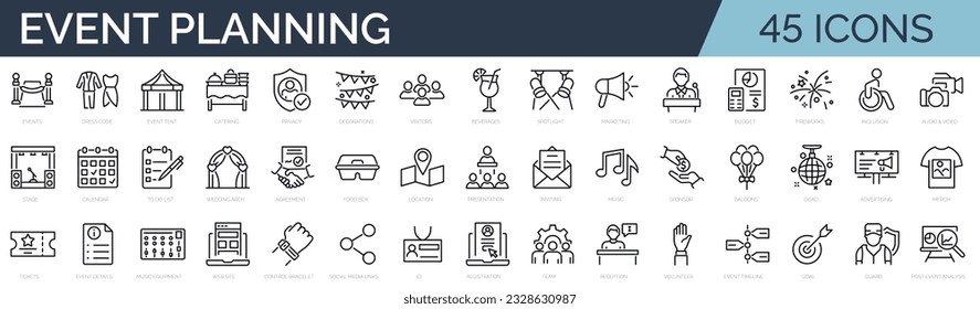 Set of 30 line icons related to event planning, organisation. Outline icon collection. Editable stroke. Vector illustration Immagine vettoriale stock
