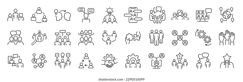 Set of 30 thin line icons related  team, teamwork, co-workers, cooperation. Linear busines simple symbol collection.  vector illustration. Editable stroke ஸ்டாக் வெக்டர்