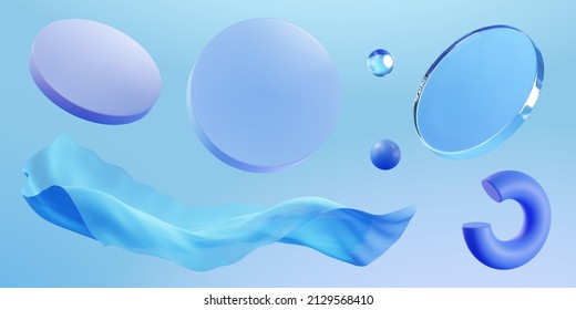 Set of 3D geometric elements including round discs, balls, and wavy fabric isolated on blue background, vector de stoc