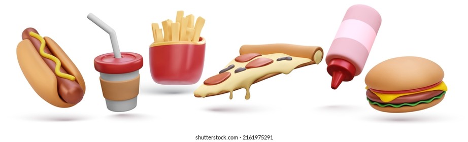 Set of 3d realistic render fast food elements icon set. Pizza slice, burger, french fries, coffee cup, hot dog, ketchup bottle isolated on white background. Vector illustration स्टॉक वेक्टर