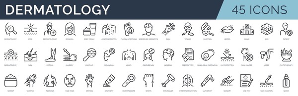 Set of 45 outline icons related to dermatology. Linear icon collection. Editable stroke. Vector illustration Stockvektorkép
