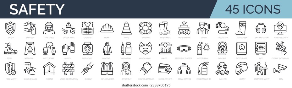Set of 45 outline icons related to safety. Linear icon collection. Editable stroke. Vector illustration – Vector có sẵn