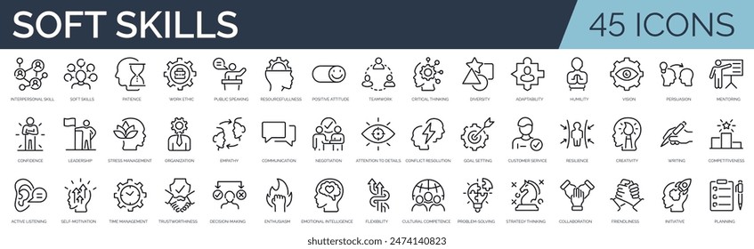 Conjunto de 45 iconos de esquema relacionados con las habilidades blandas. Colección de iconos lineales. Trazo editable. Ilustración vectorial Vector de stock