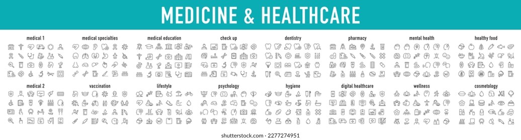 Стоковое векторное изображение: Set of 400 Medical and Healthcare web icons in line style. Medicine, check up, doctor, dentistry, pharmacy, lab, scientific discovery, collection. Vector illustration.