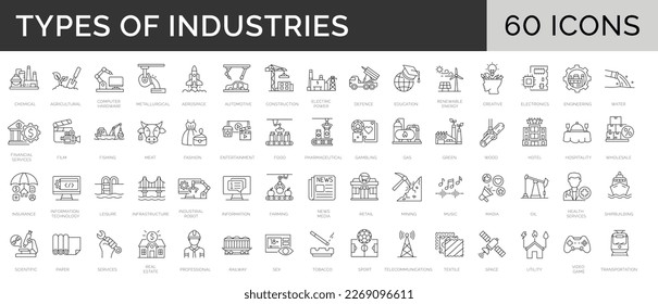 Set of 60 line icons. Collection of 60 types of types of Industries. Different kinds of Engineering, Manufacturing, Production activities. Editable stroke. Vector illustration Stockvektor