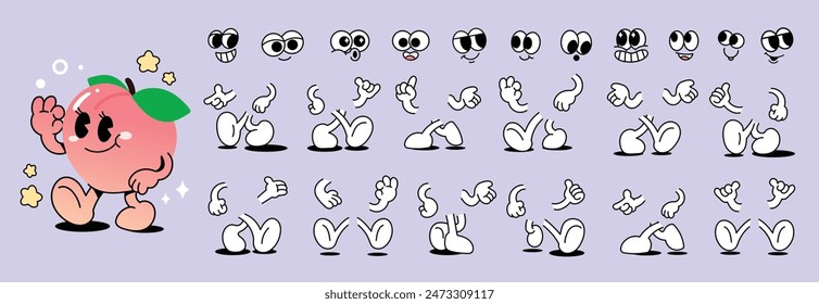 Set of 70s groovy comic faces vector. Collection of cartoon character faces, leg, hand in different emotions happy, angry, sad, cheerful. Cute retro groovy hippie illustration for decorative, sticker. Stock vektor