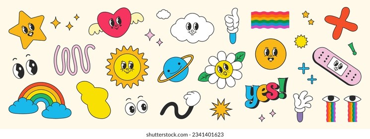 70sのgroovy要素のベクター画像のセット。漫画のキャラクター、落書き風スマイルフェイス、花、雲、虹、太陽、星、笑顔、惑星のコレクション。装飾用のかわいいレトロなグルービーのヒッピーデザイン、ステッカーのベクター画像素材