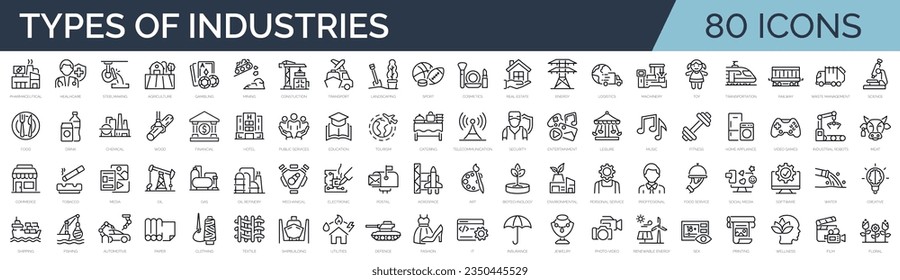 Set of 80 outline icons related to industries. 80 types of industry.  Linear icon collection. Editable stroke. Vector illustration Stockvektor