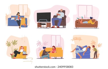 ソファに男と女のキャラクターのセット。家で休んでいる人。テレビを見ている老人、母は子供を慰め、スマートフォンとヘッドフォンとティーンガール。漫画のベクターイラストのベクター画像素材