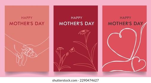set minimalist simple happy mother day vertical design vector background. simple love heart, hand, flower line design theme Stock Vector
