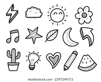 Set of miscellaneous doodle illustration on white background. Hand-drawn miscellaneous elements collection Stockvektor