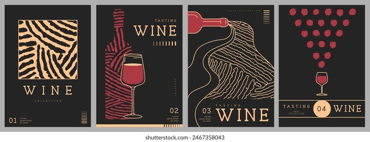 Set of modern line art magazine covers or posters with wine bottles, glasses and abstract texture. Restaurant menu design. Vector illustration Imagem Vetorial Stock