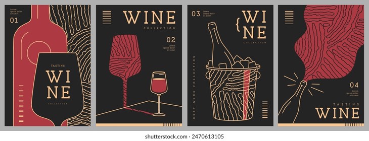 Set of modern line art magazine covers or posters with wine bottles, glasses and abstract texture. Restaurant menu design. Vector illustration – Vector có sẵn