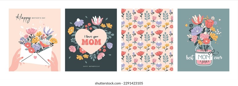 Set of Mother's day greeting cards with beautiful blossom flowers. Stock Vector