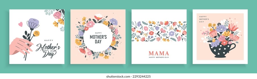 Set of Mother's day greeting cards with beautiful blossom flowers. Stock Vector