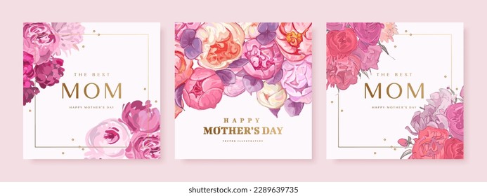 Set of Mother's day poster, banner or greeting card with hand drawn flowers on light background Stock Vector