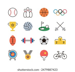Set of Olympic, exercise and sport line icons in minimal and simple style. Soccer, volleyball, baseball, basketball, bowling, table tennis, golf, archery, weightlifting, fencing, bicycle, medal. Stockvektor