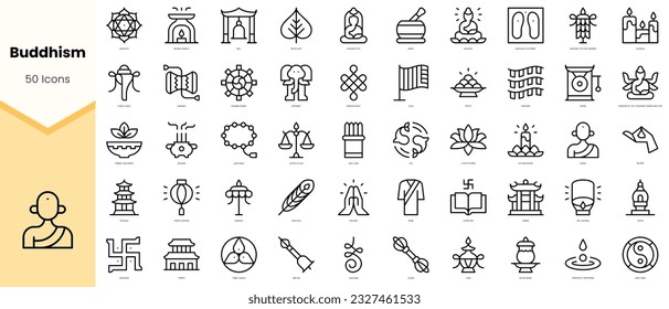 Set of buddhism Icons. Simple line art style icons pack. Vector illustration Immagine vettoriale stock