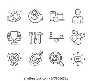 Set of Business icons, such as Spanner tool, Capsule pill, Discount, Balance, Recovery devices, Sunny weather, Search employees, Engineer, Winner, Targeting, Share idea, Sms line icons. Vector Stock-vektor