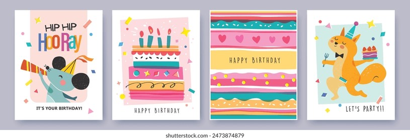 Set of Birthday greeting card with cute little mouse, fox, cakes and colorful confetti. स्टॉक वेक्टर