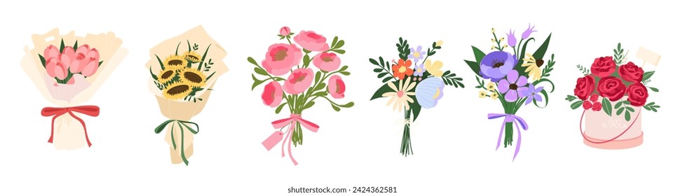 Set Blossomed floral bunches from cut garden and field blooms, leaf. Floristic arrangements, elegant and gentle designs. : wektor stockowy