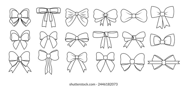 Set of bows in hand drawn style. Item of decoration and wardrobe. Tie. Vector illustration. Doodle. Collection of objects. Isolated. White background. Knot. Stock-vektor