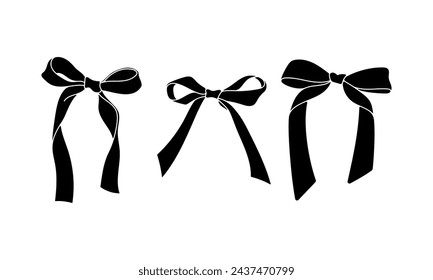Set of bows. Silhouette icons with elegant ribbons and ties. Wedding Party Stickers and Birthday Party Decorations in Handmade Style. Cartoon flat vector isolated on white background Stockvektor