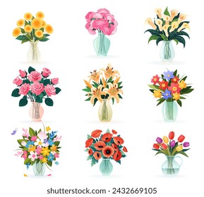 Set of bouquets in vases with spring and summer various flowers, isolated vector illustrations on white for birthday invitations, Women's Day, Mother's Day, wedding cards. Floral design, clip-art. Stock-vektor
