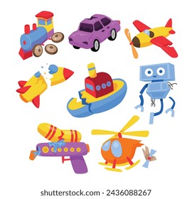 Set of broken toys collection, cartoon toys for kid children with Train, Car, Airplane, Rocket, Ship, Robot, Water Gun, Helicopter, Recycling garbage vector trash elements trash illustration. Immagine vettoriale stock