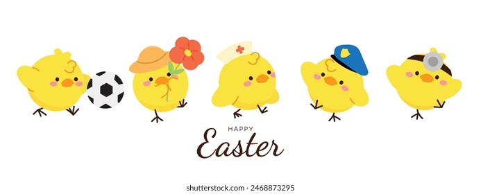 Set of cute easter chicks vector. Happy animal occupation with yellow chicks in different career, doctor, farmer, chef, police. Chicken character illustration design for clipart, sticker, card. Stock-vektor