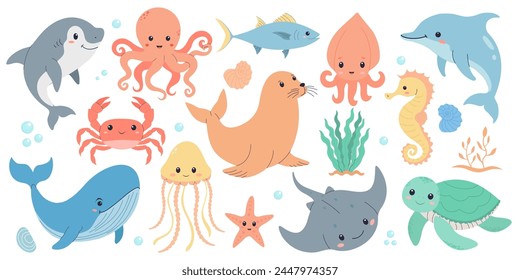 Set of cute sea inhabitants in flat style isolated on a white background. Sea life elements, fish and mammals of the oceans, shells and algae. Cartoon hand drawn style., vector de stoc