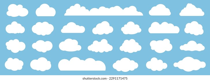 フラットデザインのカートゥーンクラウドのセット。白い雲のコレクションのベクター画像素材