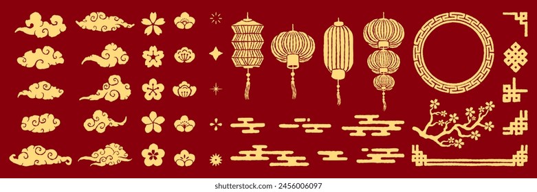 中国の新年の手描きのテクスチャエレメントのセット。カード、プリント、チラシ、ポスター、商品、カバーのための中国と日本のスタイルの伝統的な装飾的なジュエリーコレクション。ベクターイラスト。 のベクター画像素材