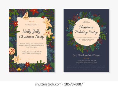 Set of Christmas and Happy New Year party invitations templates.Modern vector layouts with hand drawn traditional winter holiday symbols.Xmas trendy designs for banners,invitations,prints,social media Stock Vector