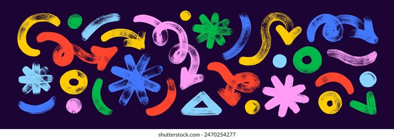 Set of colorful brush-drawn bold geometric shapes, arrows, asterisks and circles. Squiggle thick lines, curly brush strokes for banner, print or collage. Grunge style rough symbols and vector shapes. Stock Vector